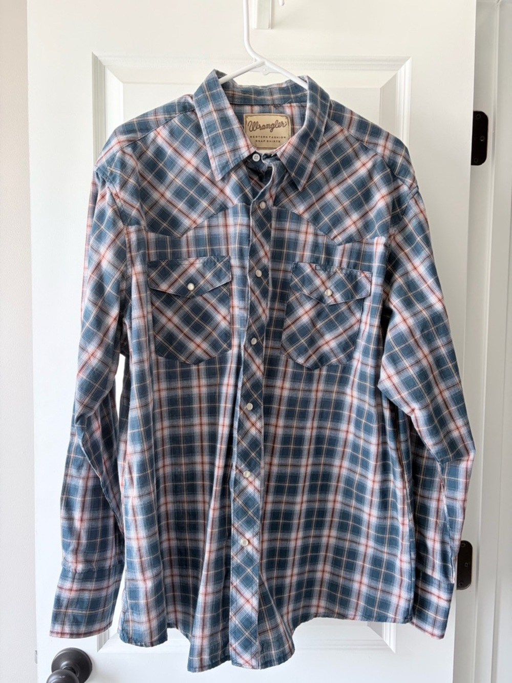 Wrangler Blue Plaid Snap-Front Western Shirt with Cream & Tan Stripes